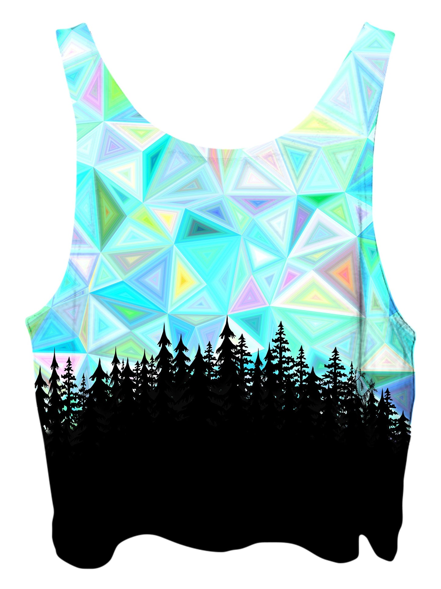 All over print psychedelic sacred geometry nature cropped top by Gratefully Dyed Apparel back view.