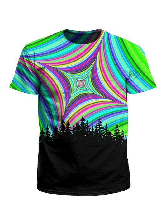Men's green, purple & red geometric mandala unisex t-shirt front view.