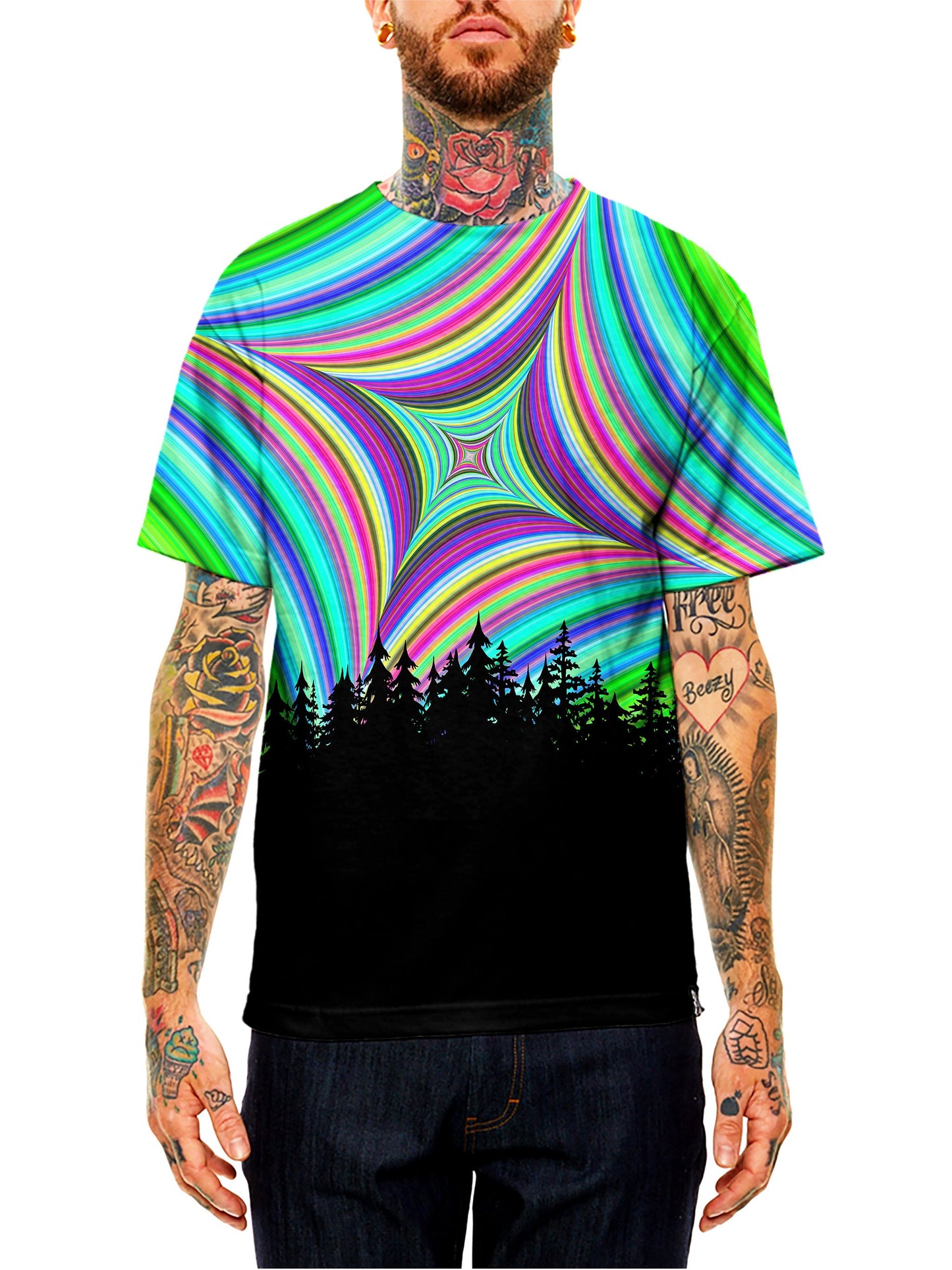 Model wearing GratefullyDyed Apparel green, purple & red geometric mandala unisex t-shirt.