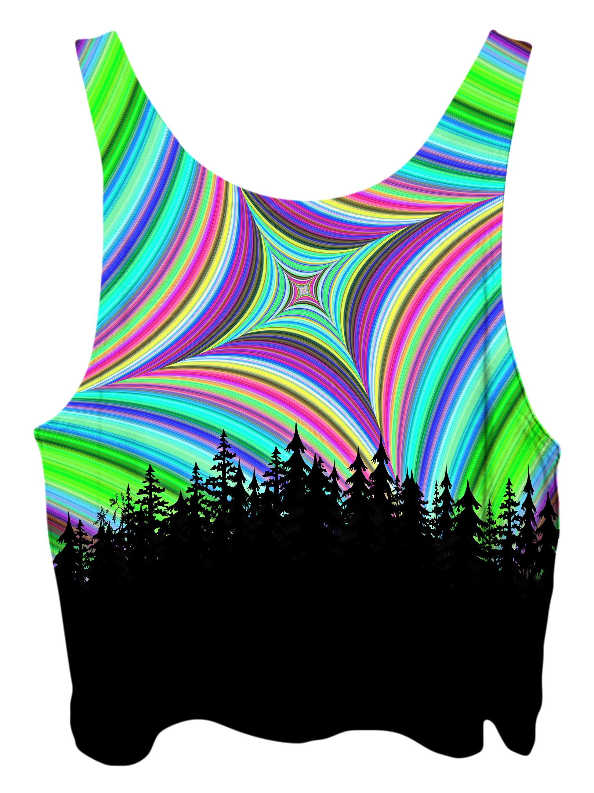 All over print psychedelic sacred geometry nature cropped top by Gratefully Dyed Apparel back view.