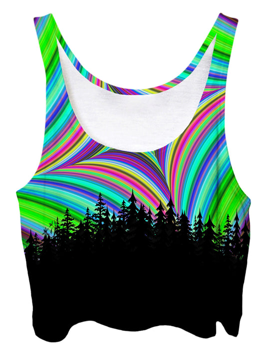 Trippy front view of GratefullyDyed Apparel green. blue, purple, red & black geometric mandala forest crop top.