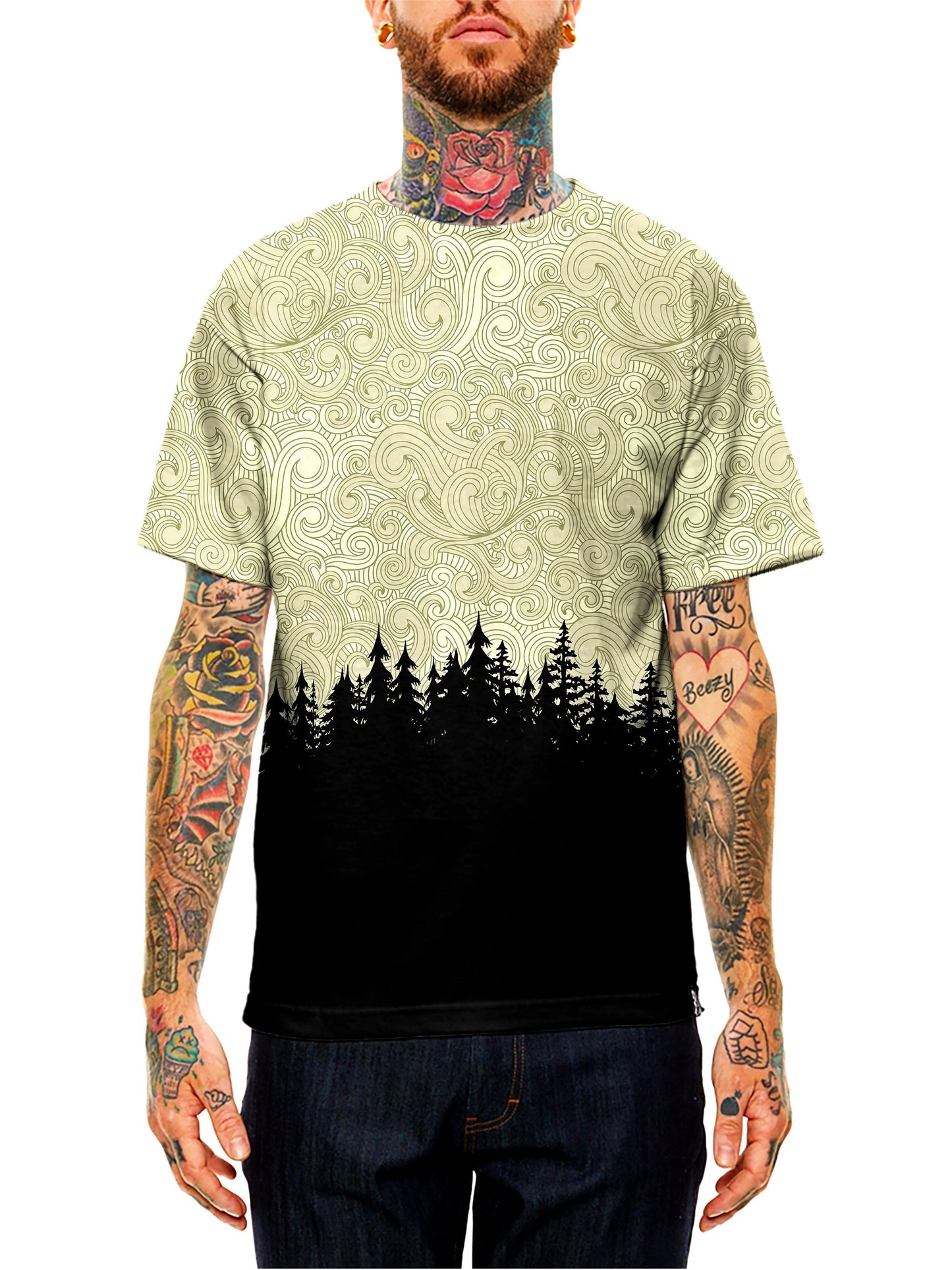 Model wearing GratefullyDyed Apparel brown & black pastel forest unisex t-shirt.