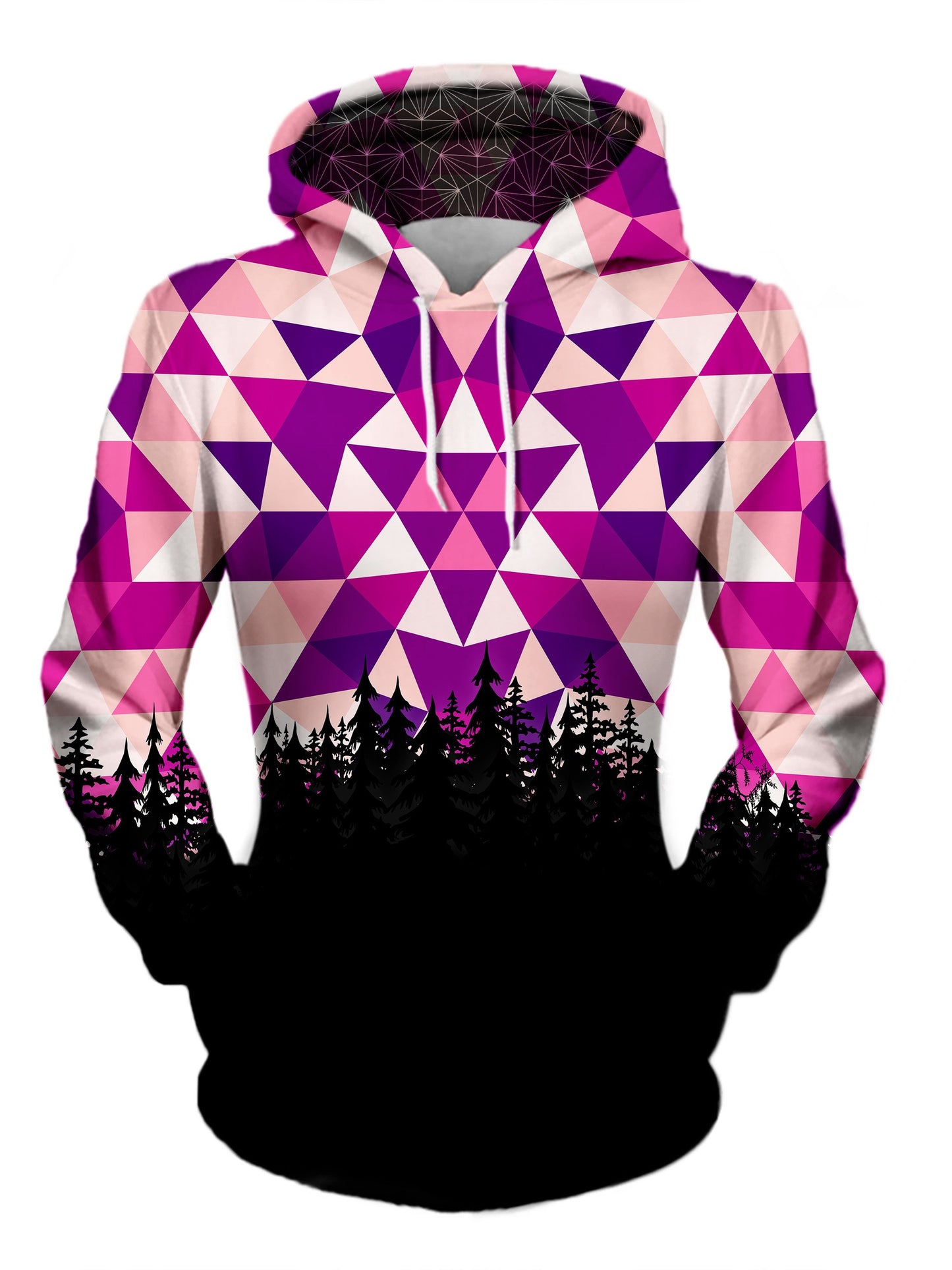 Women's front view of trippy treeline pullover hoodie.