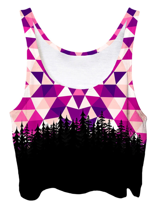 Trippy front view of GratefullyDyed Apparel pink, purple, white & black tribal mandala forest crop top.