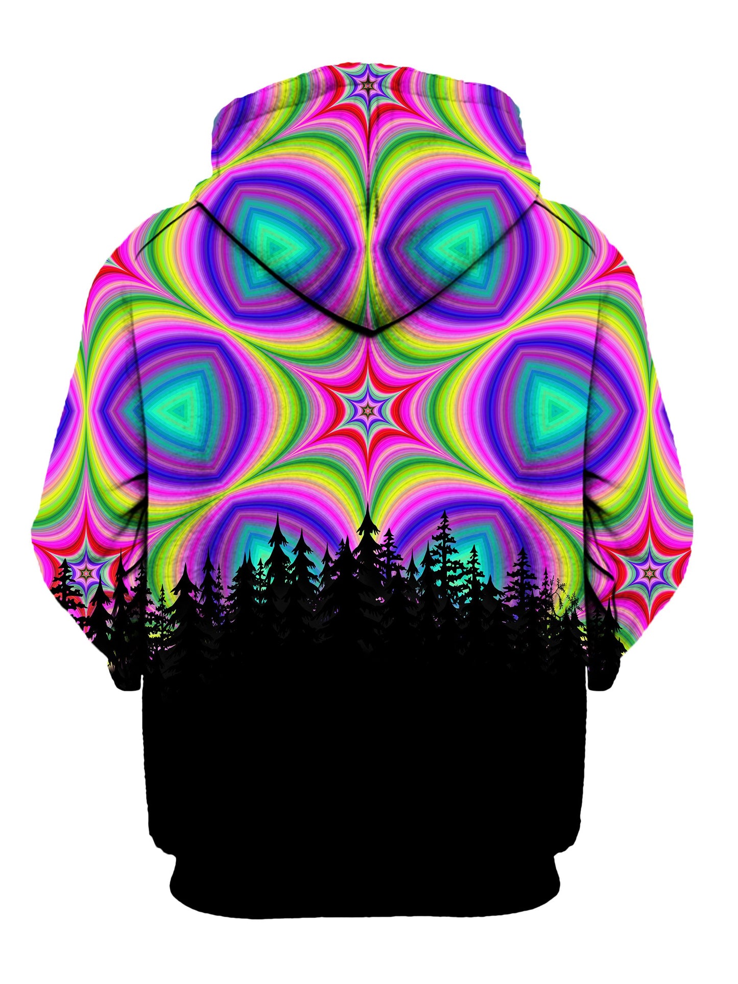Back view of all over print psychedelic nature hoody by Gratefully Dyed Apparel.