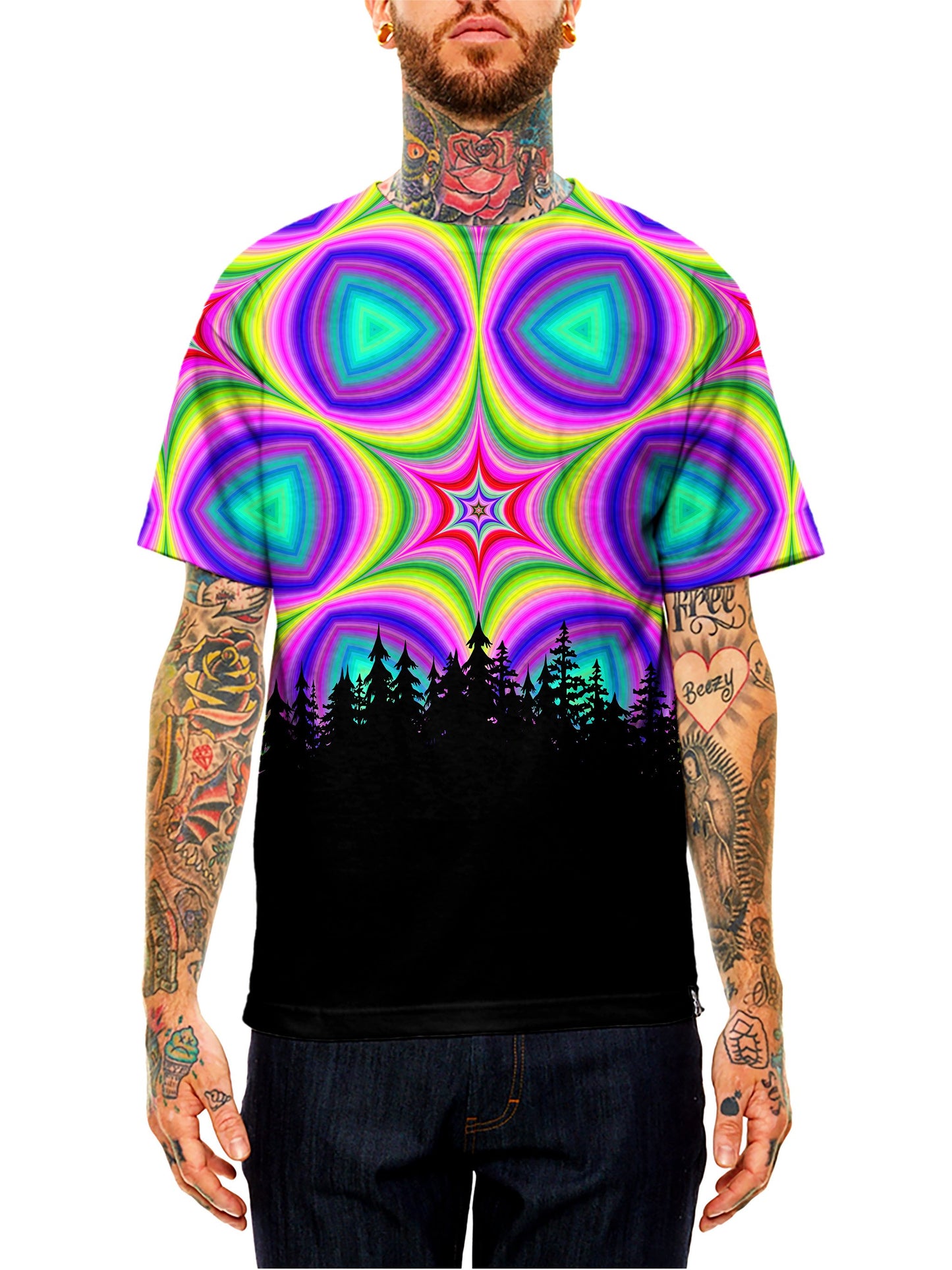 Model wearing GratefullyDyed Apparel rainbow star mandala forest unisex t-shirt.