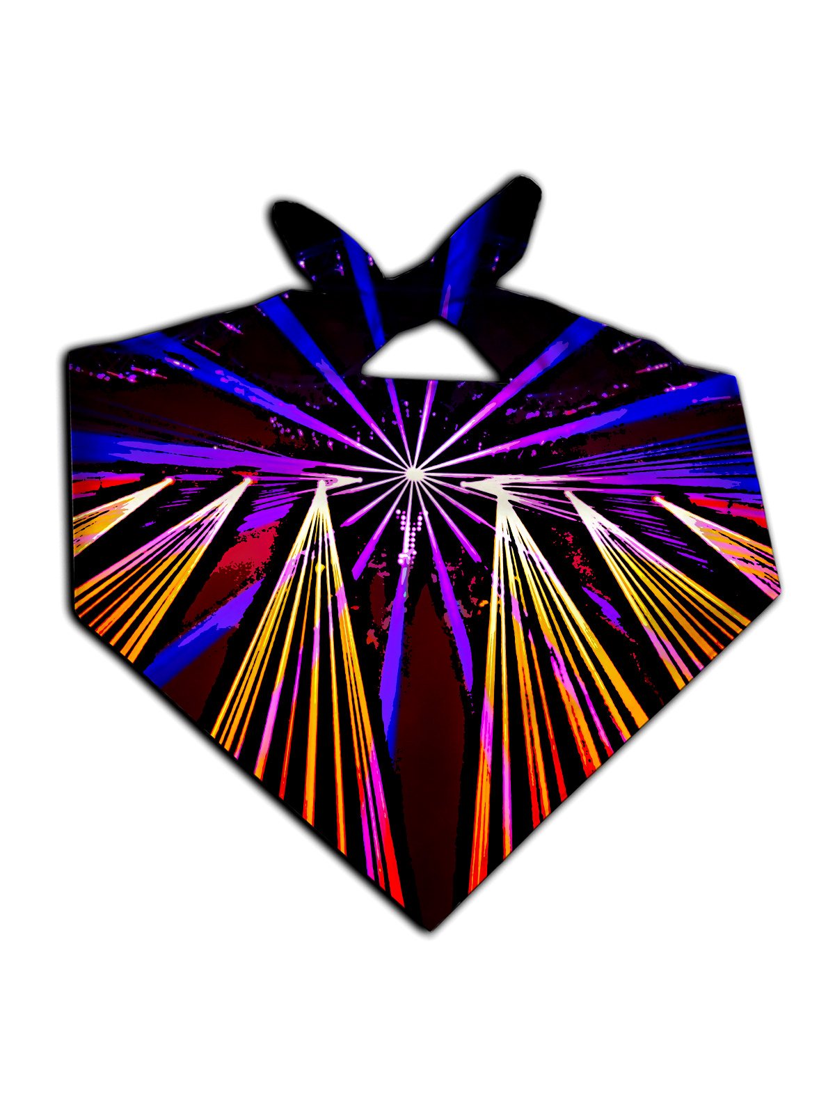 Bright neon lights on black bandana tied view