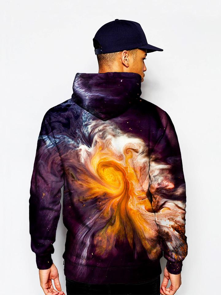 Model in orange and red swirl on black pullover hoodie front view