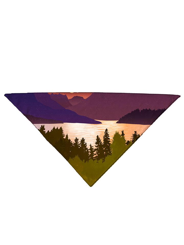 Sunsetting behind mountain landscape all over print bandana folded