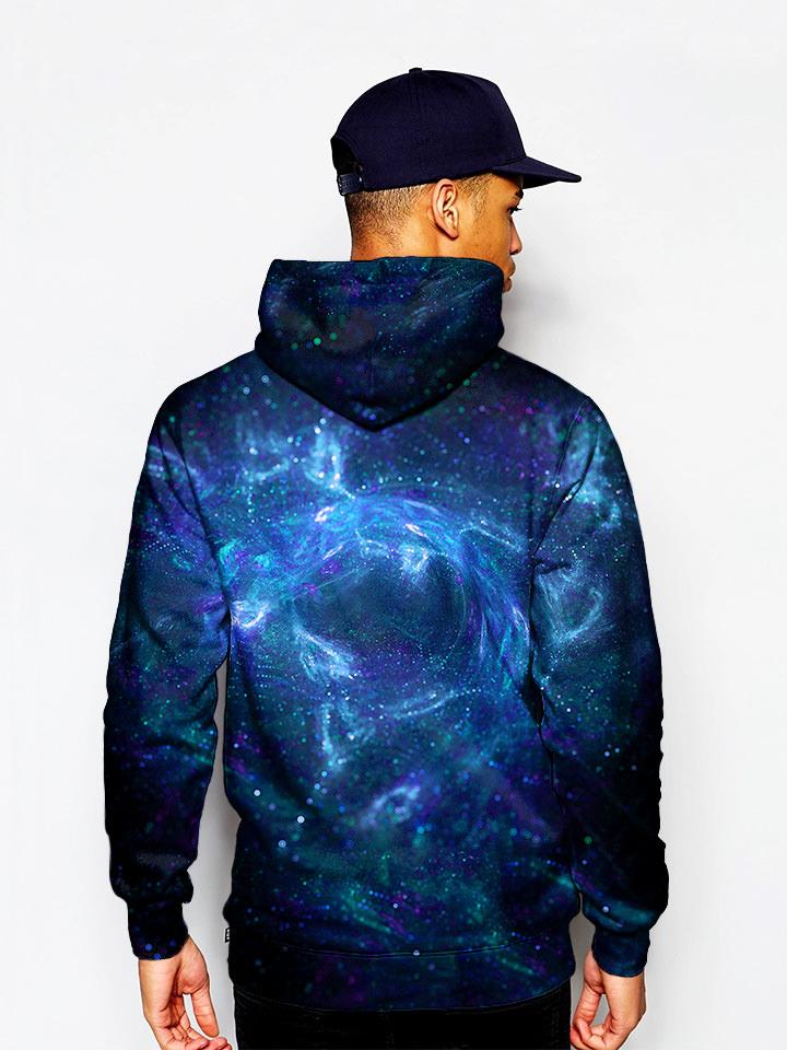 Model In Trippy Blue Swirl Pullover Hoodie Back View