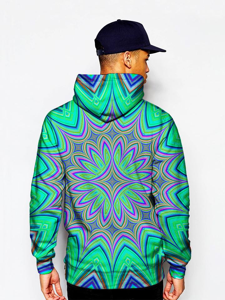 Model In Green And Purple Flower Pullover Hoodie Back View