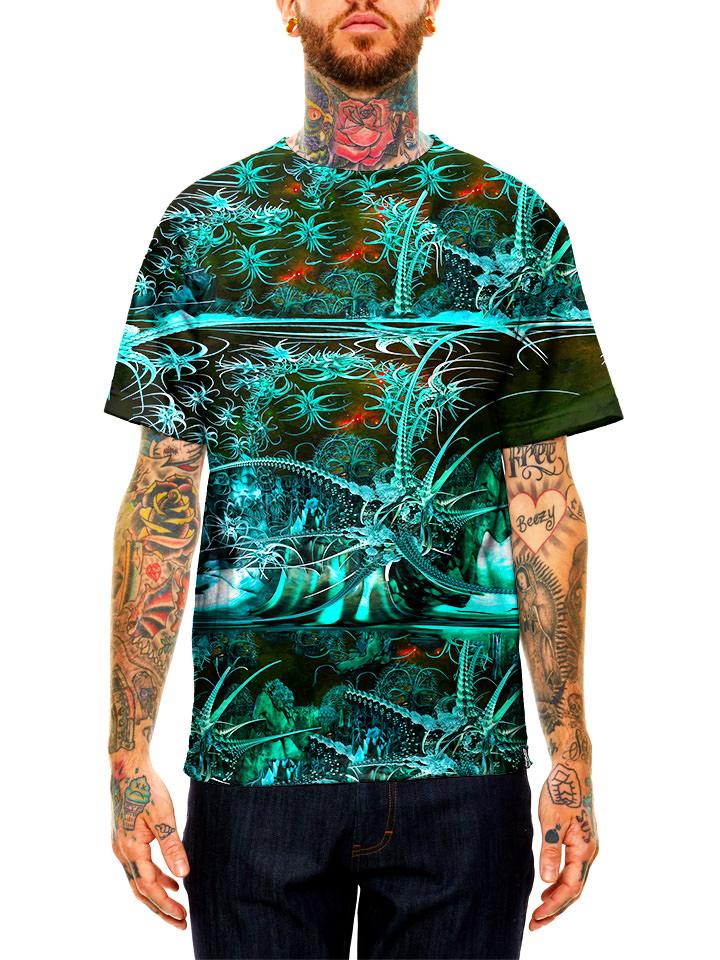 Model wearing GratefullyDyed Apparel green & black alien tech galaxy unisex t-shirt.