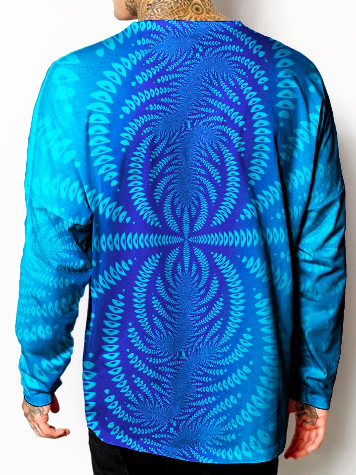 Model back view of all over print psychedelic sacred geometry unisex longsleeve.