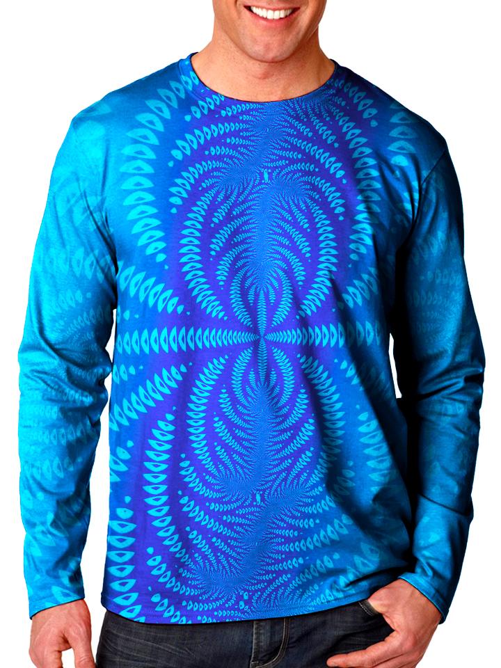 Front view of model wearing Gratefully Dyed Apparel sound wave mandala unisex long sleeve.