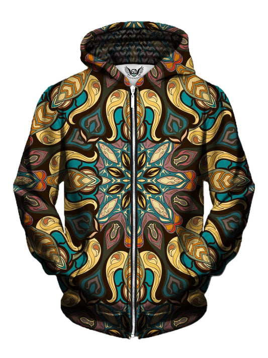 Men's yellow, blue & purple retro mandala zip-up hoodie front view.
