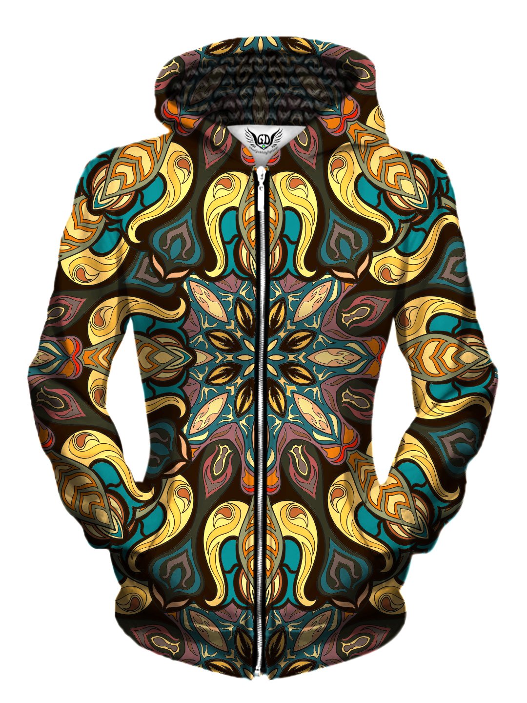 Front view of women's all over print sacred geometry zip up hoody by Gratefully Dyed Apparel.