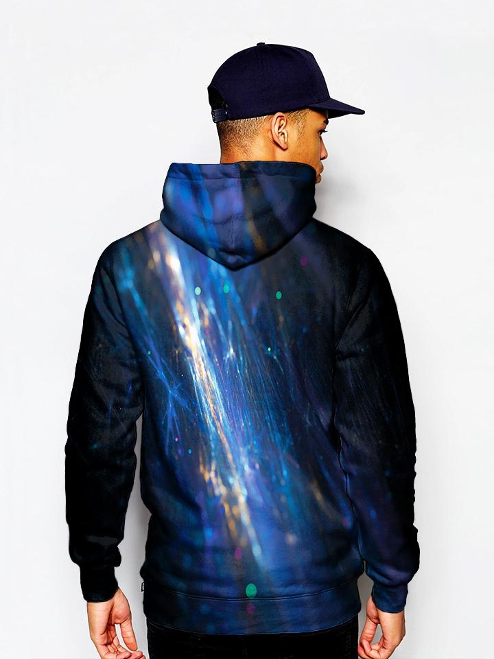 Up close blue fiber on black pullover hoodie back view