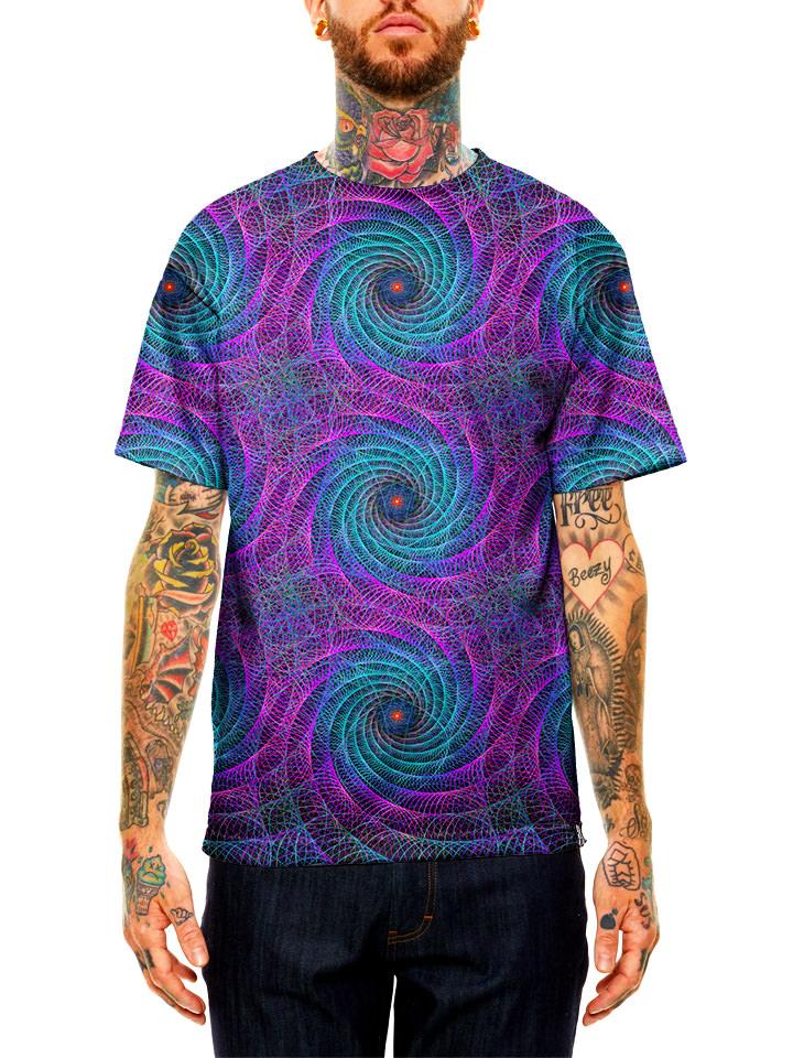 Model wearing GratefullyDyed Apparel purple & blue geometric fractal mandala unisex t-shirt.
