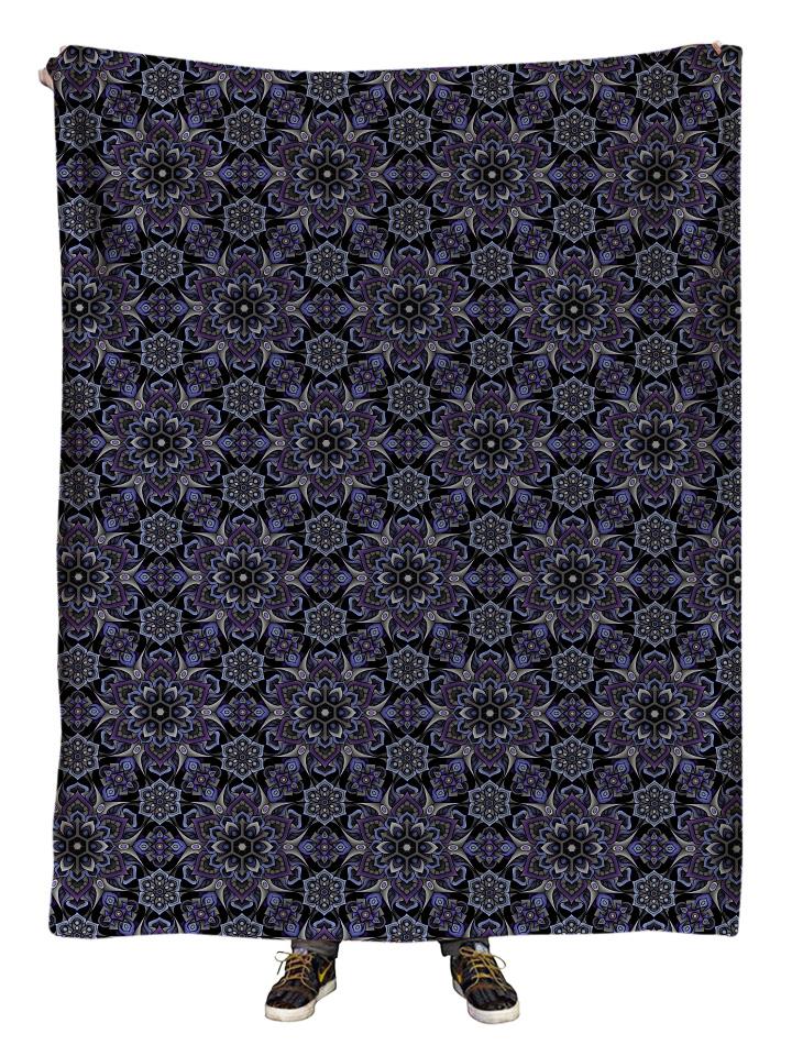 Hanging view of all over print gray & black sacred geometry blanket by GratefullyDyed Apparel.