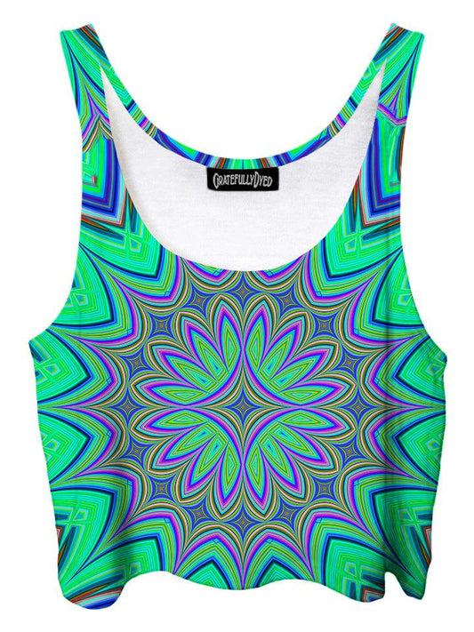 Trippy front view of GratefullyDyed Apparel green & purple flower mandala crop top.