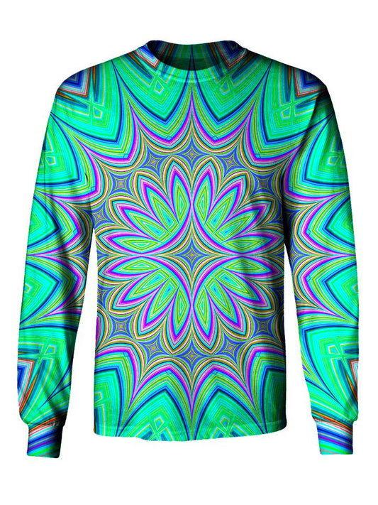 Gratefully Dyed Apparel purple & green flower mandala unisex long sleeve front view.