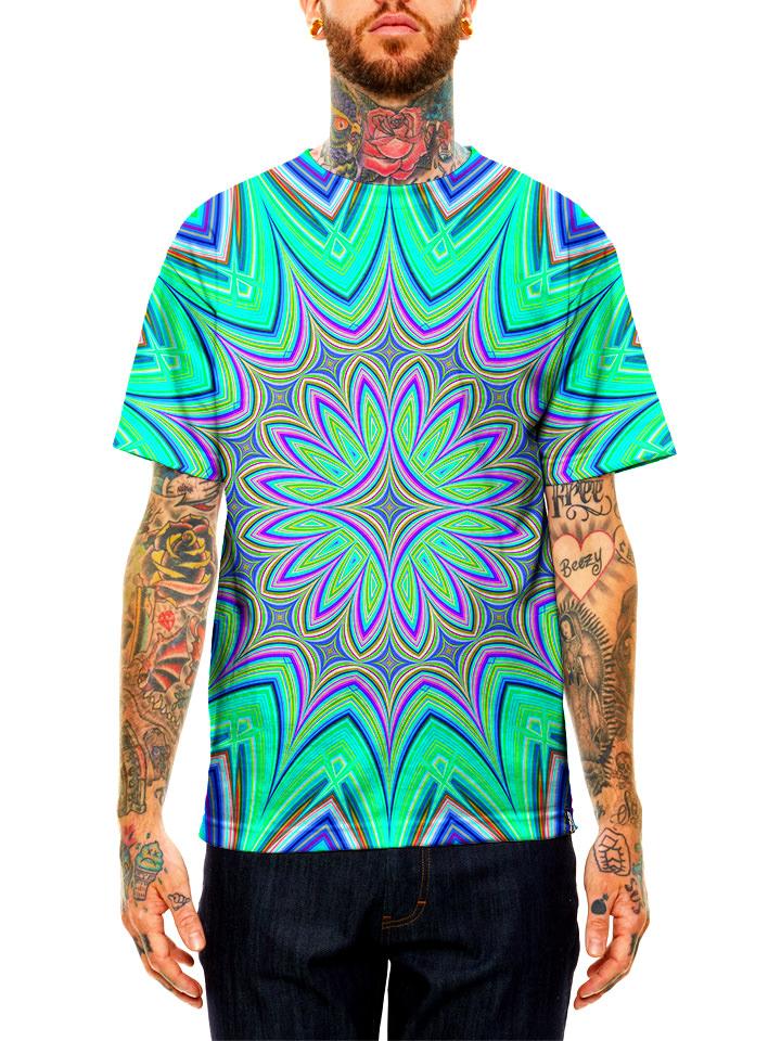 Model wearing GratefullyDyed Apparel green & purple flower mandala unisex t-shirt.