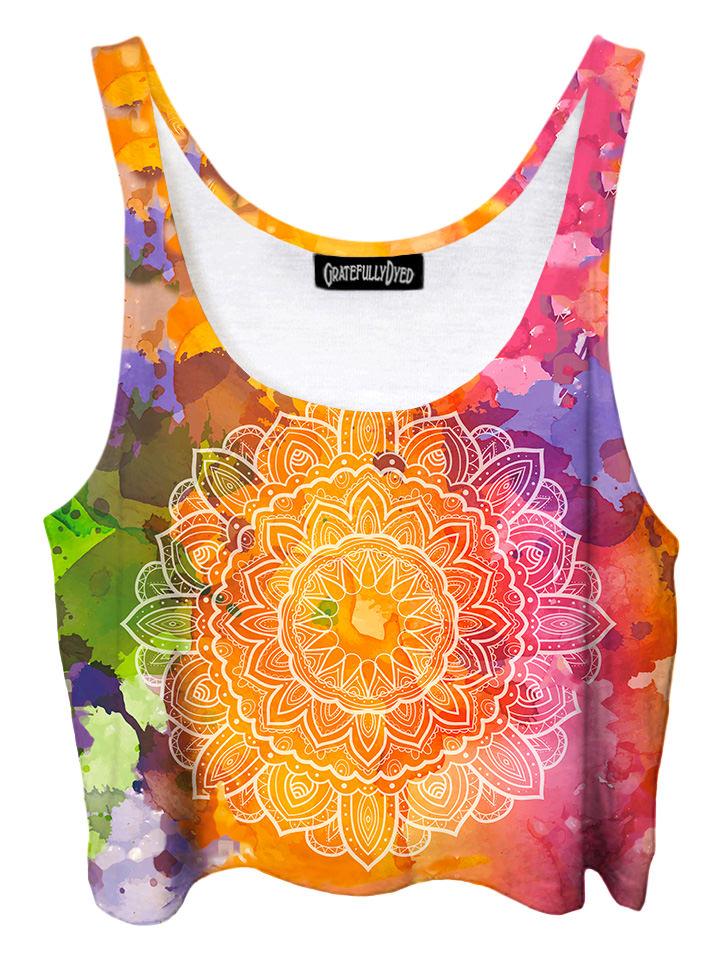 Trippy front view of GratefullyDyed Apparel rainbow watercolor mandala crop top.