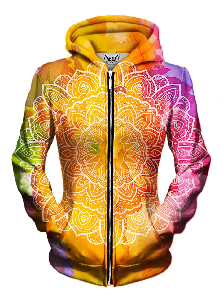 Front view of women's all over print sacred geometry zip up hoody by Gratefully Dyed Apparel.