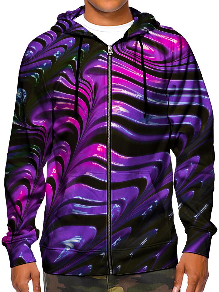 Model wearing GratefullyDyed Apparel psychedelic silky paint texture hoodie.