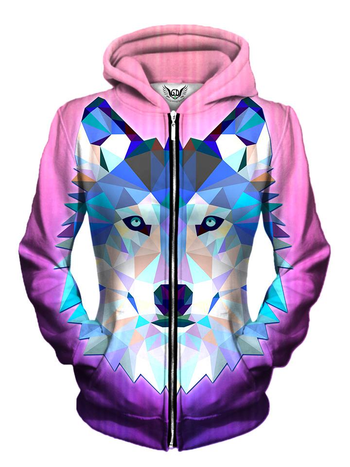 Front view of women's all over print animal zip up hoody by Gratefully Dyed Apparel.