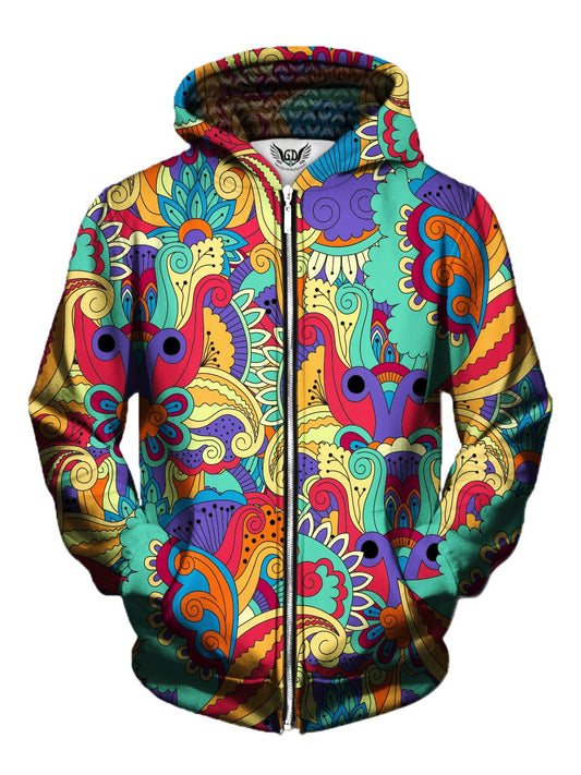 Men's rainbow paisley flower zip-up hoodie front view.