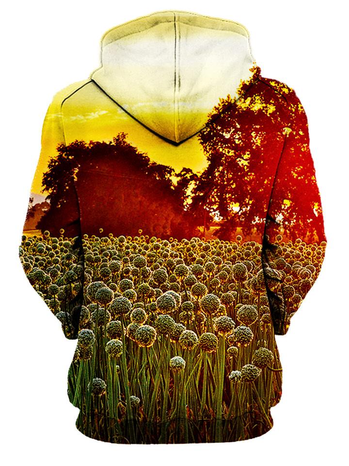 Rear of women's yellow sky with wild flowers all over print hoody.