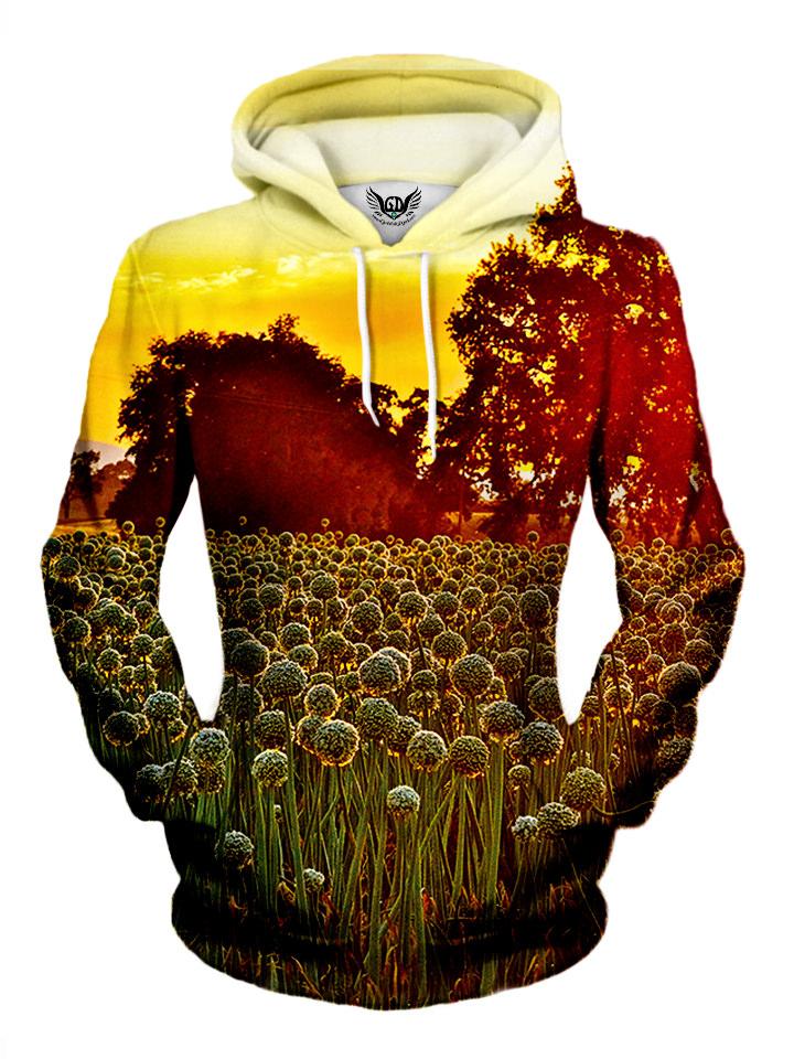 Women's front view of trippy dandelion wild flower pullover hoodie.