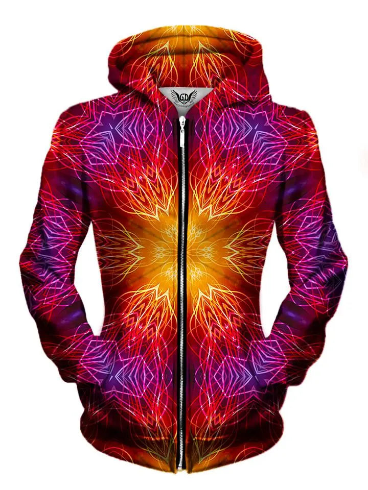 Front view of women's all over print mandala zip up hoody by Gratefully Dyed Apparel.