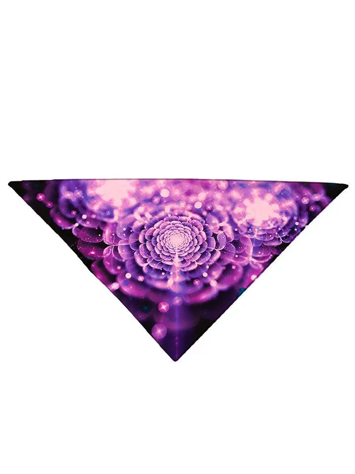 Sparkly purple flower on black bandana folded