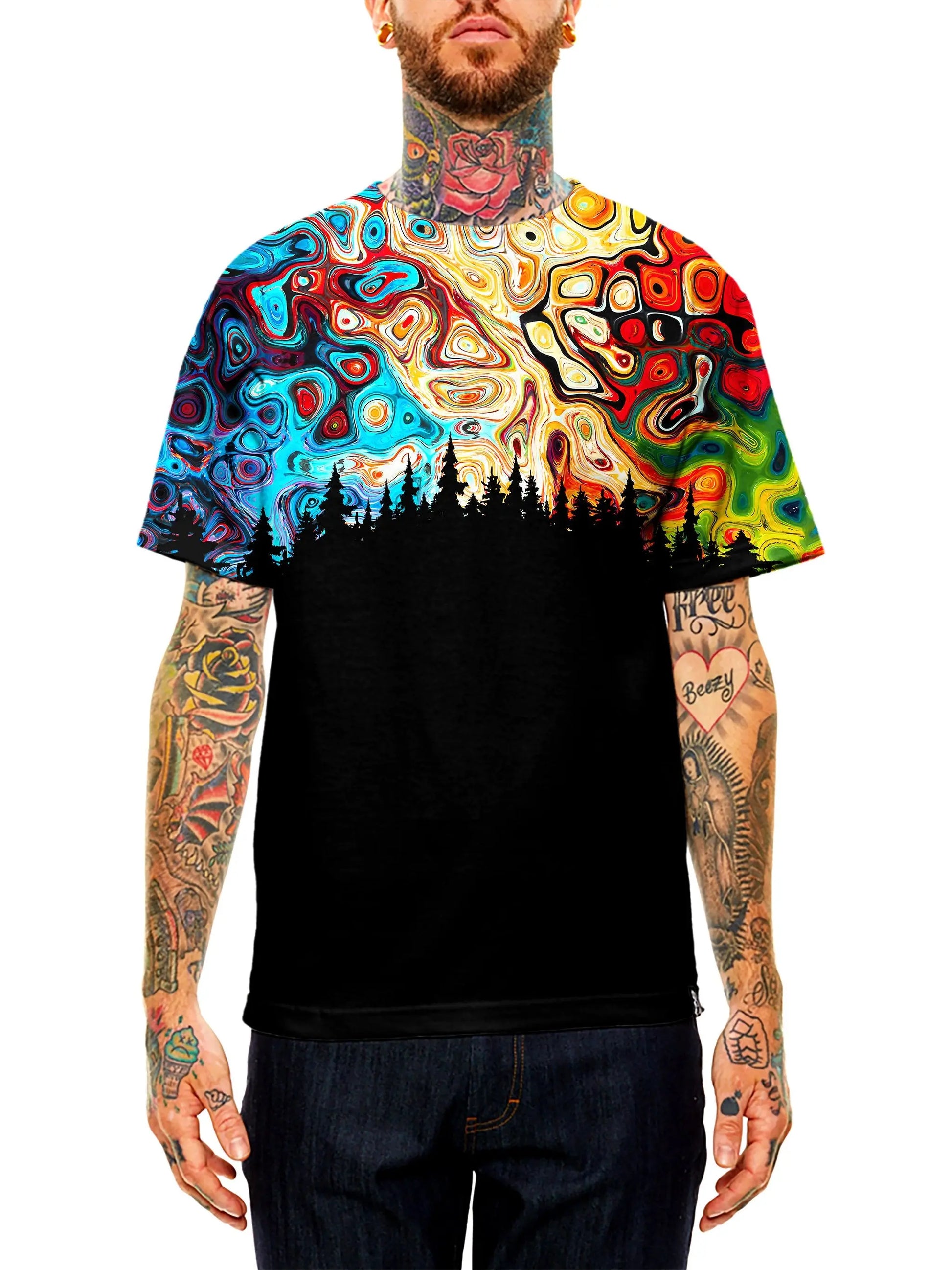 Model wearing GratefullyDyed Apparel rainbow forest galaxy unisex t-shirt.