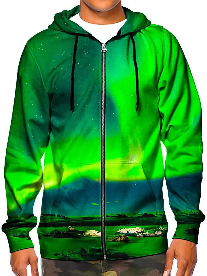 Model wearing GratefullyDyed Apparel green northern lights galaxy zip-up hoodie.