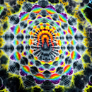 A highly symmetrical, psychedelic digital artwork featuring a kaleidoscopic mandala pattern with concentric rings of neon rainbow colors, black, and white wavy lines.