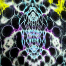 Abstract symmetrical artwork with a kaleidoscopic pattern of black, white, cyan, purple, and bright yellow shapes.