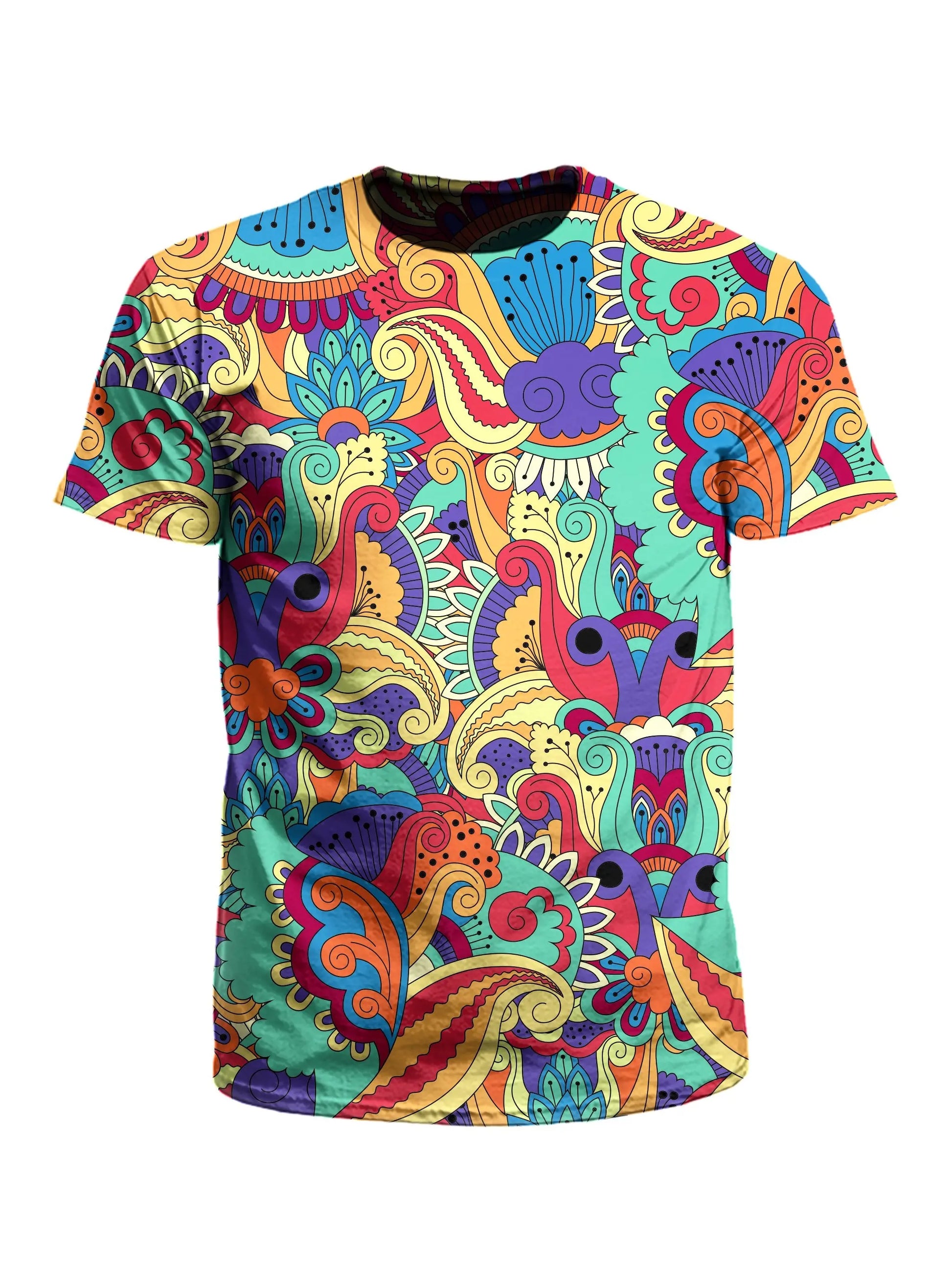 Men's rainbow paisley unisex t-shirt front view.