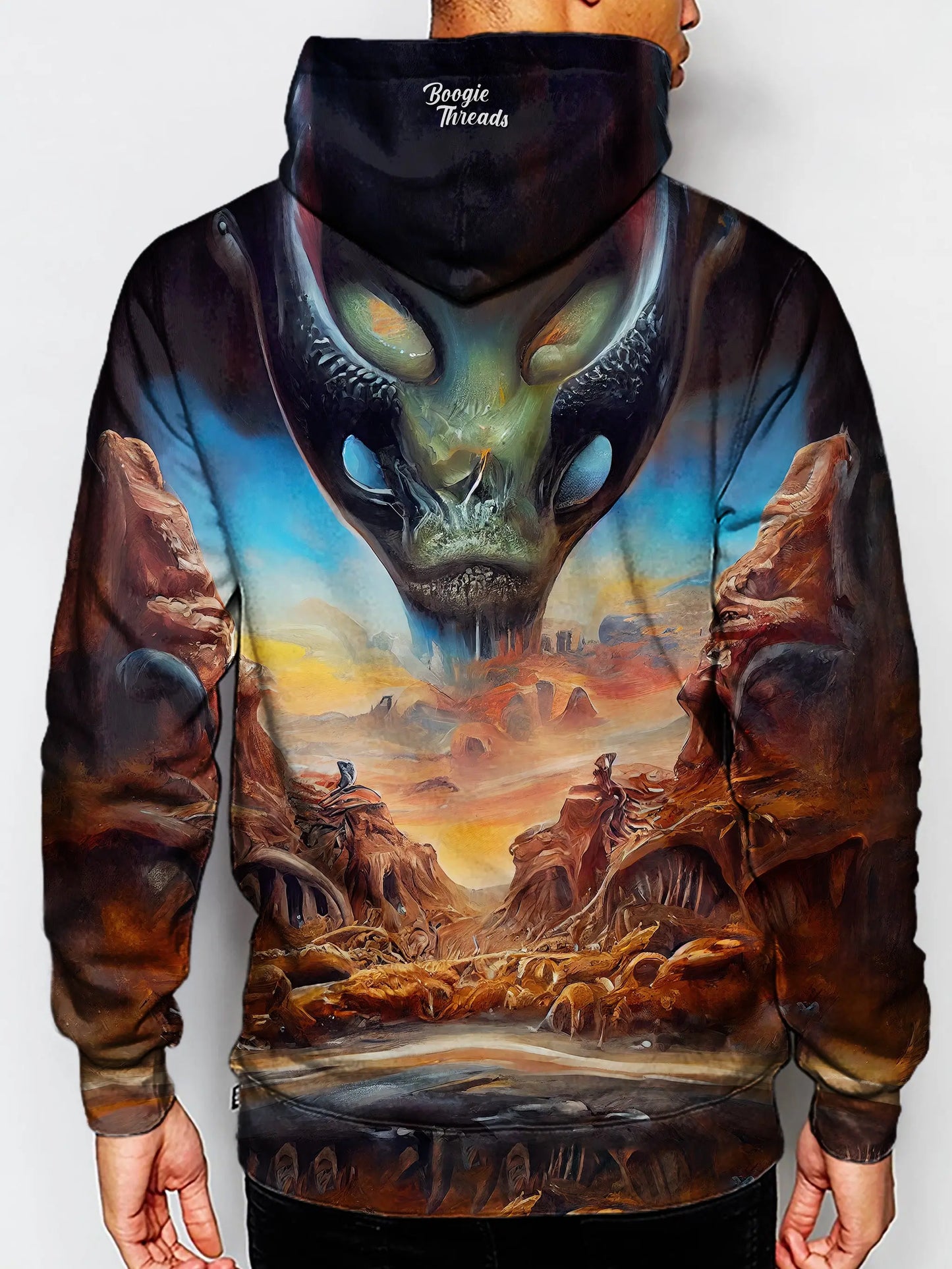 alien landscape painting printed on a unisex pullover hoodie