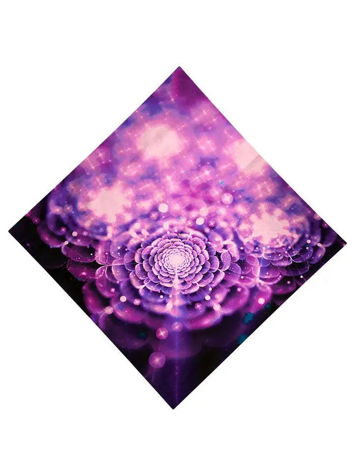 Sparkly purple flower on black bandana flat view