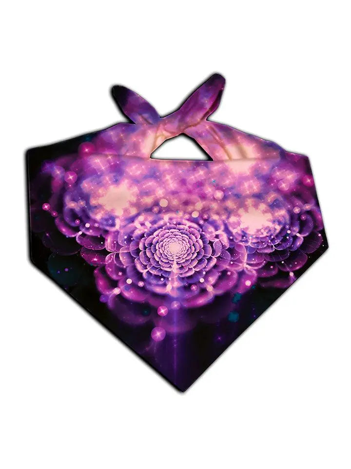 Sparkly purple flower on black bandana tied