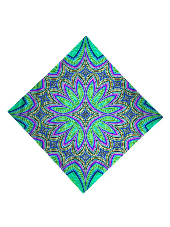 Trippy Gratefully Dyed Apparel purple & green flower mandala bandana flat view.