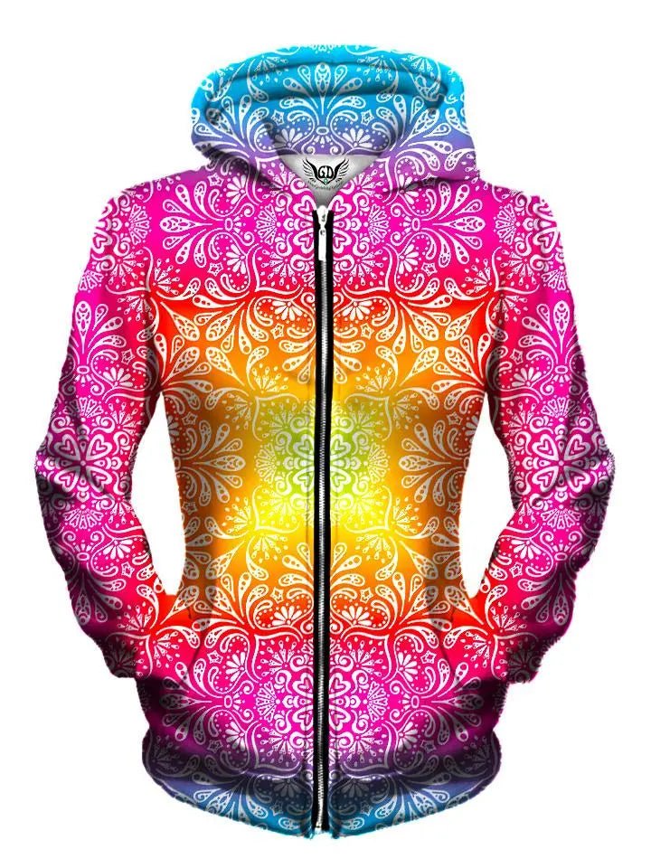 Front view of women's all over print sacred geometry zip up hoody by Gratefully Dyed Apparel.