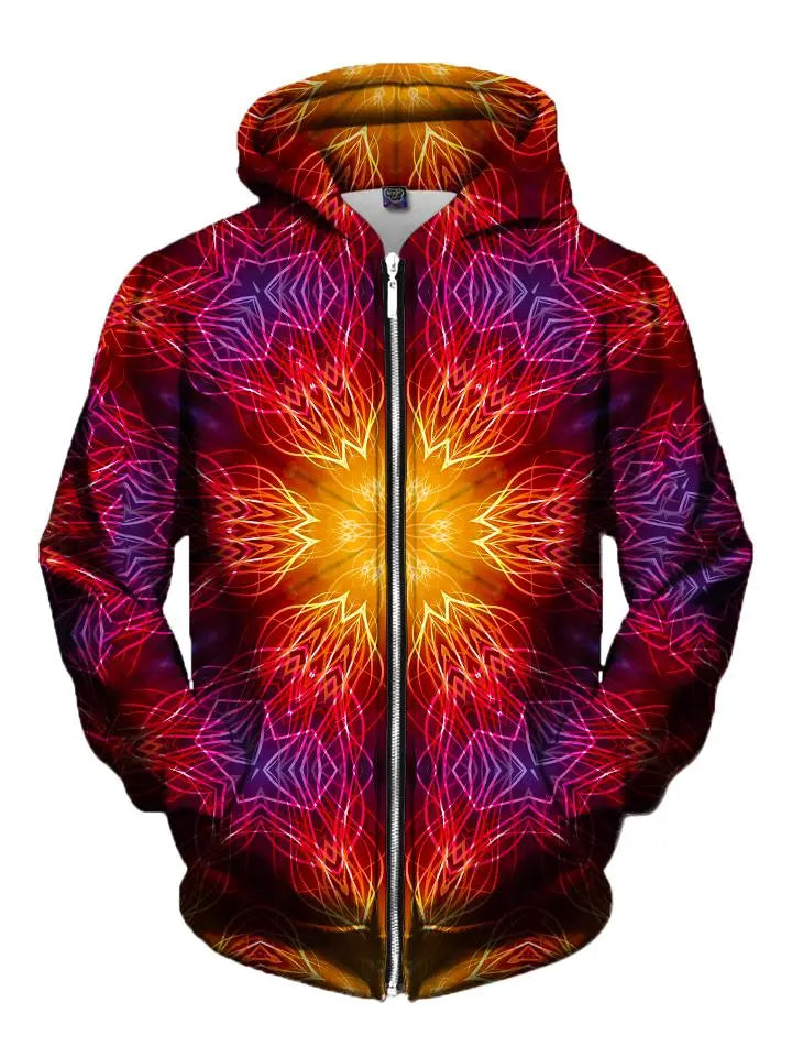 Men's red, orange, yellow & purple electric fire mandala zip-up hoodie front view.