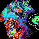 A short-sleeve crewneck t-shirt featuring a vibrant, multicolor psychedelic tie-dye pattern with glowing neon-like concentric shapes in purple, blue, green, orange, and red against a black background.