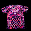A short-sleeve crewneck t-shirt featuring a vibrant, symmetrical psychedelic tie-dye pattern in neon pink, purple, and black, displayed flat against a solid black background.