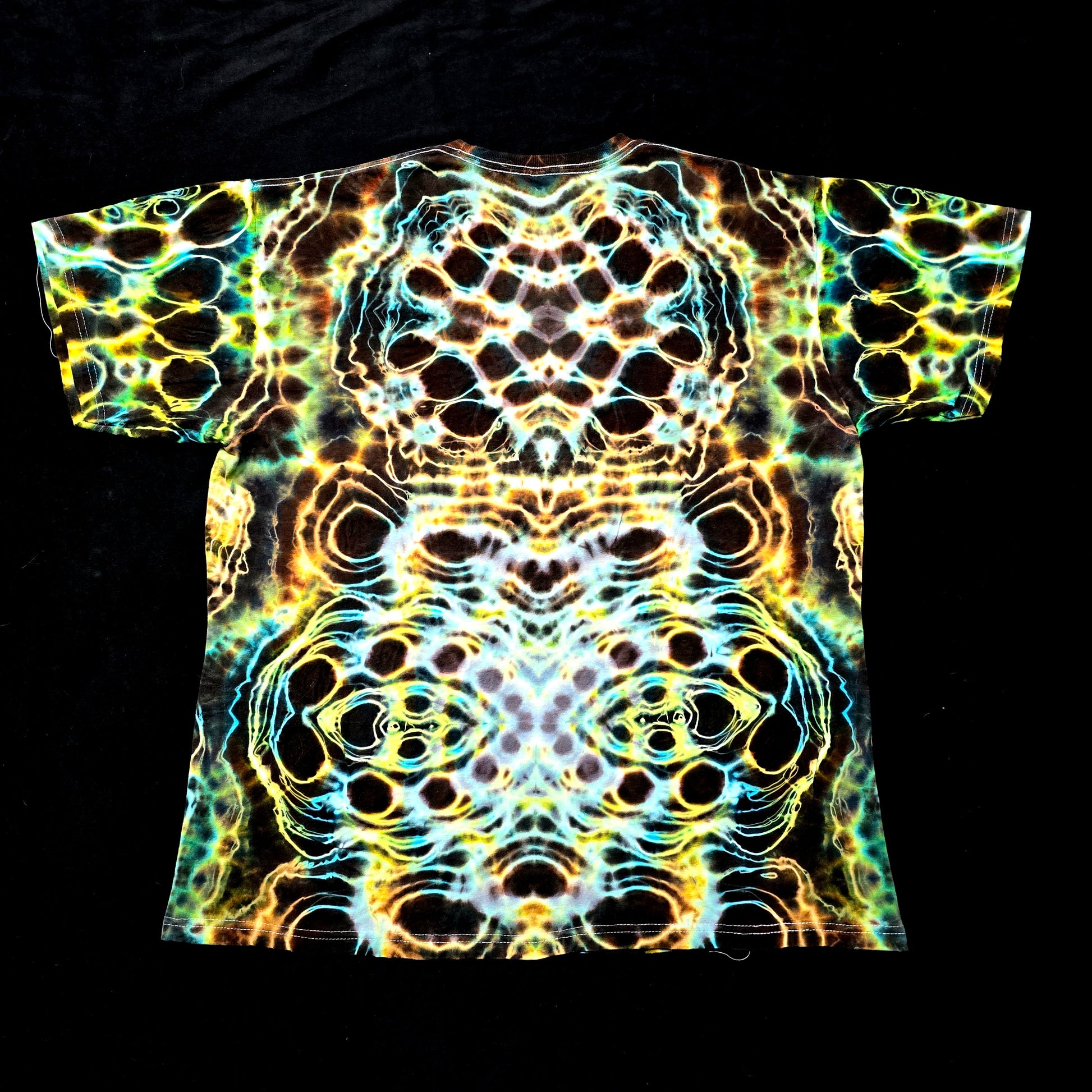 One-of-one handmade tie-dye shirt with symmetrical aurora-inspired fractal design, back view