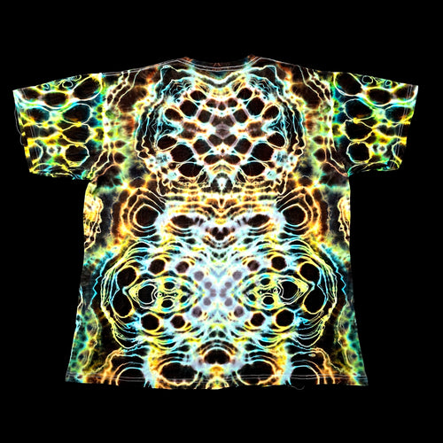 A short-sleeve crewneck t-shirt featuring a vibrant, symmetrical psychedelic pattern with glowing yellow, blue, green, and orange light effects over a black base, presented flat against a solid black background.